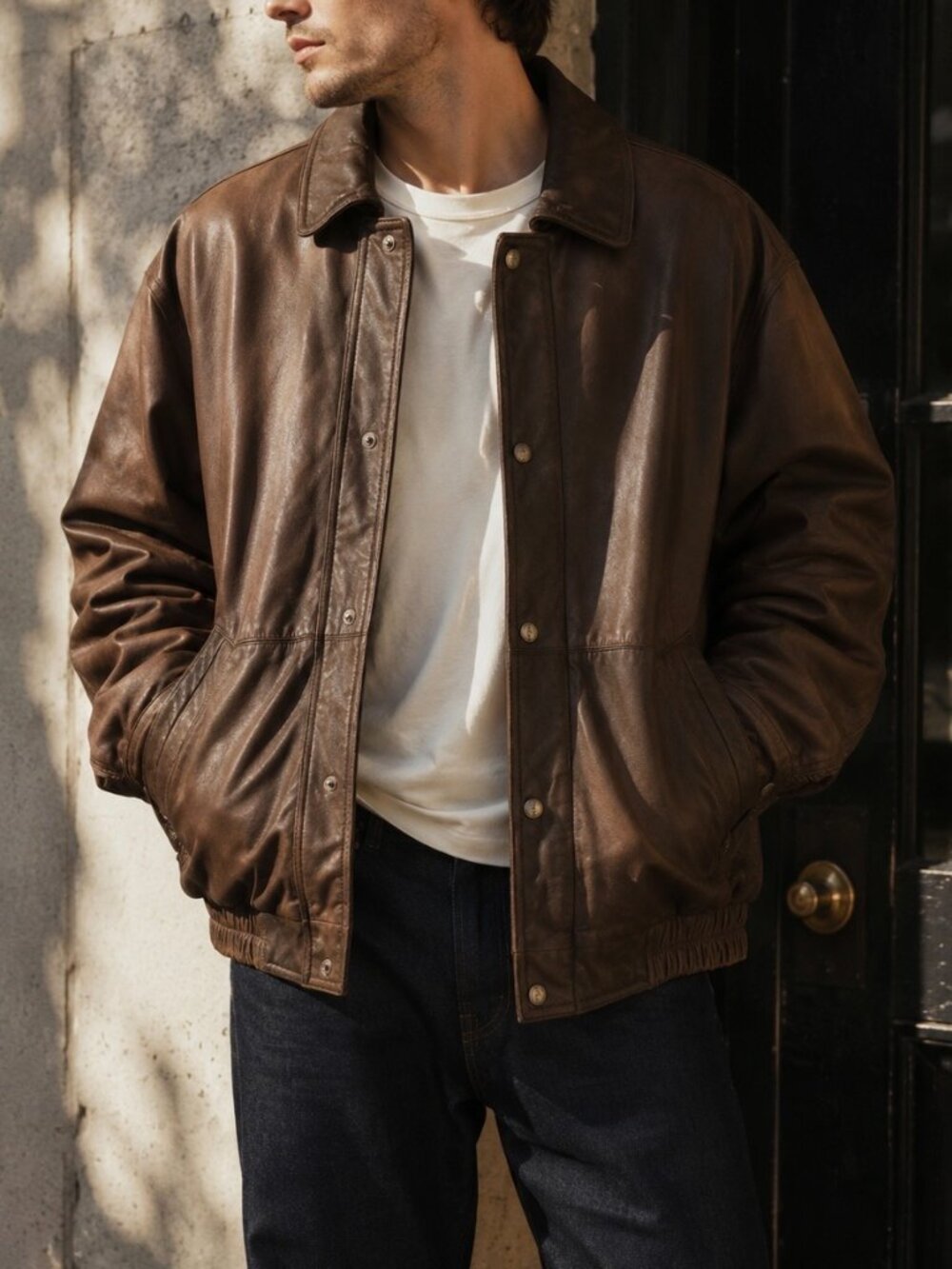 London Fog Brown Leather Bomber Jacket with Snap Front - Picture 1 of 5